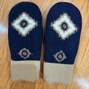 Navy/Tan Felted Wool Mittens with Cashmere-Handcrafted from Repurposed Sweaters